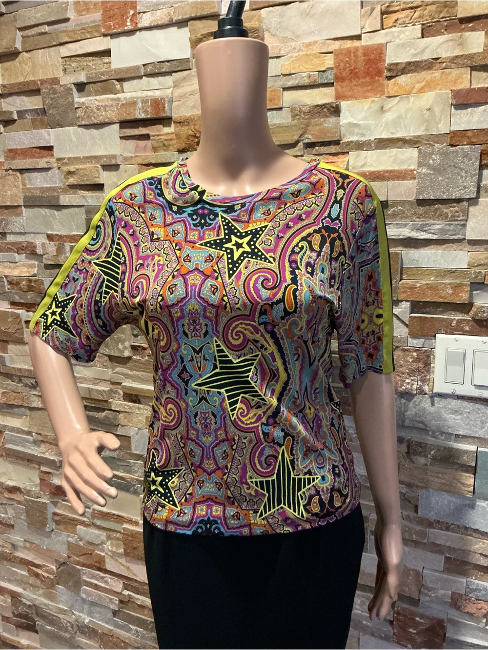 Etro Multicolor Paisley & Star Short Sleeve Top with Lime Trim
